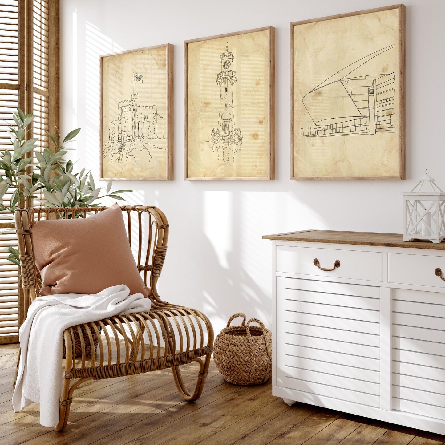 Cardiff Wales Set of Three Art Prints - Cardiff Castle Scott Memorial Millennium Centre Posters - Single Line Illustration Art