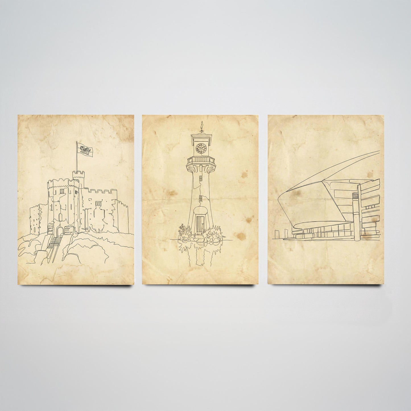 Cardiff Wales Set of Three Art Prints - Cardiff Castle Scott Memorial Millennium Centre Posters - Single Line Illustration Art