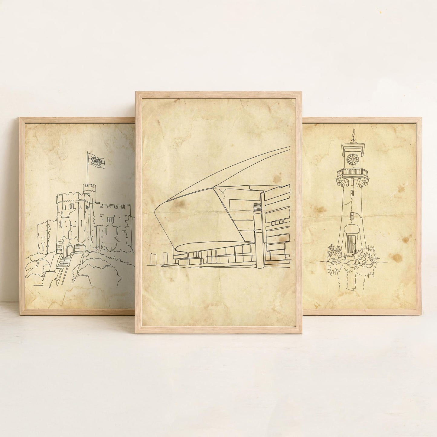 Cardiff Wales Set of Three Art Prints - Cardiff Castle Scott Memorial Millennium Centre Posters - Single Line Illustration Art