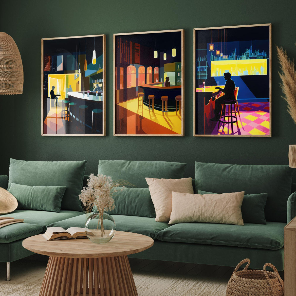 Sitting at the Bar Set of Three Art Prints - Moody Cocktail Bar Interiors - Retro Mid Century Poster Illustration
