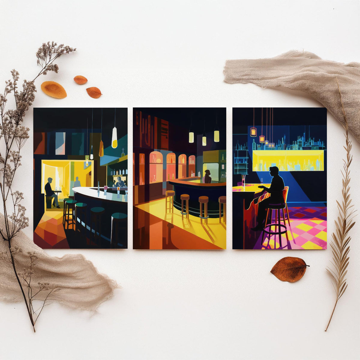 Sitting at the Bar Set of Three Art Prints - Moody Cocktail Bar Interiors - Retro Mid Century Poster Illustration