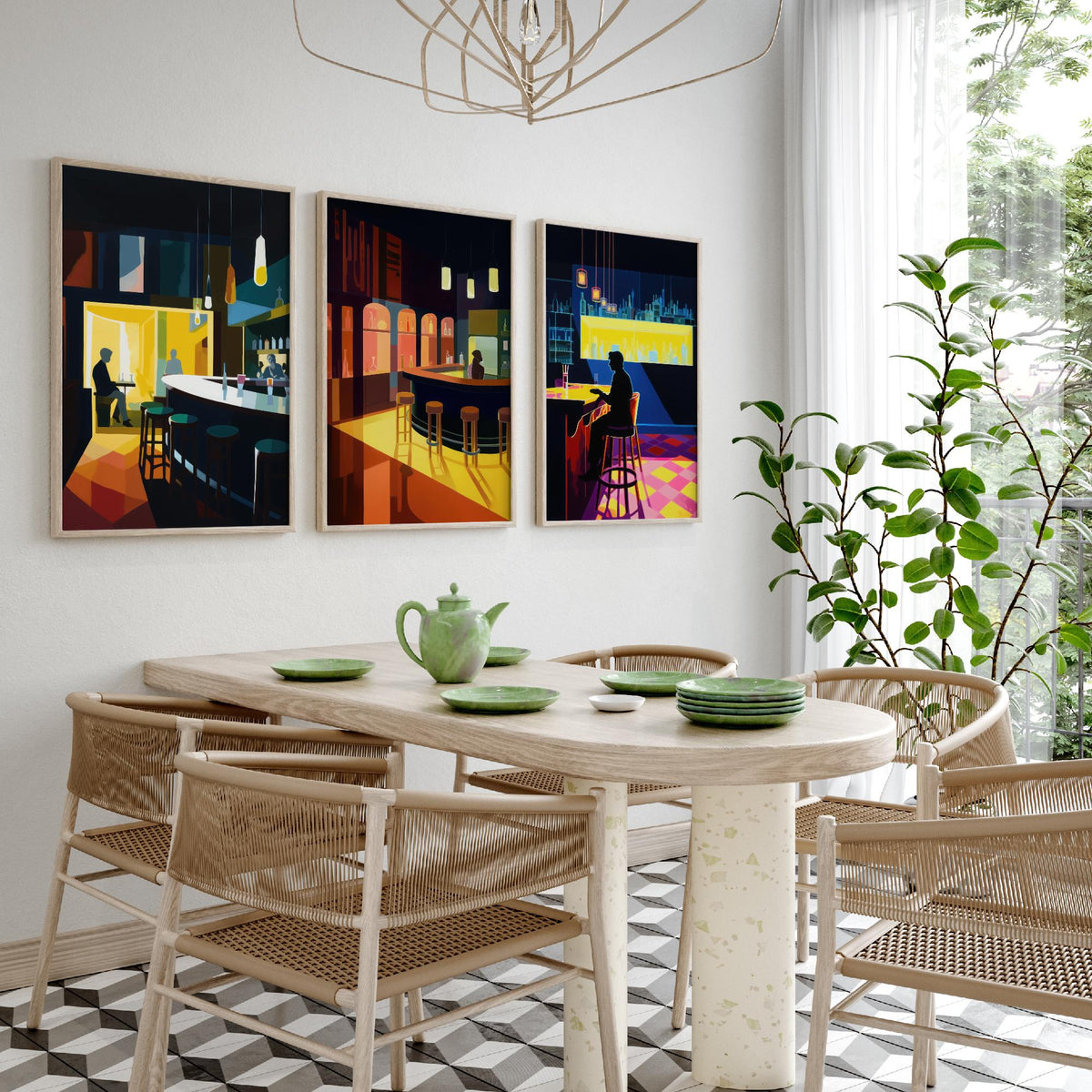 Sitting at the Bar Set of Three Art Prints - Moody Cocktail Bar Interiors - Retro Mid Century Poster Illustration