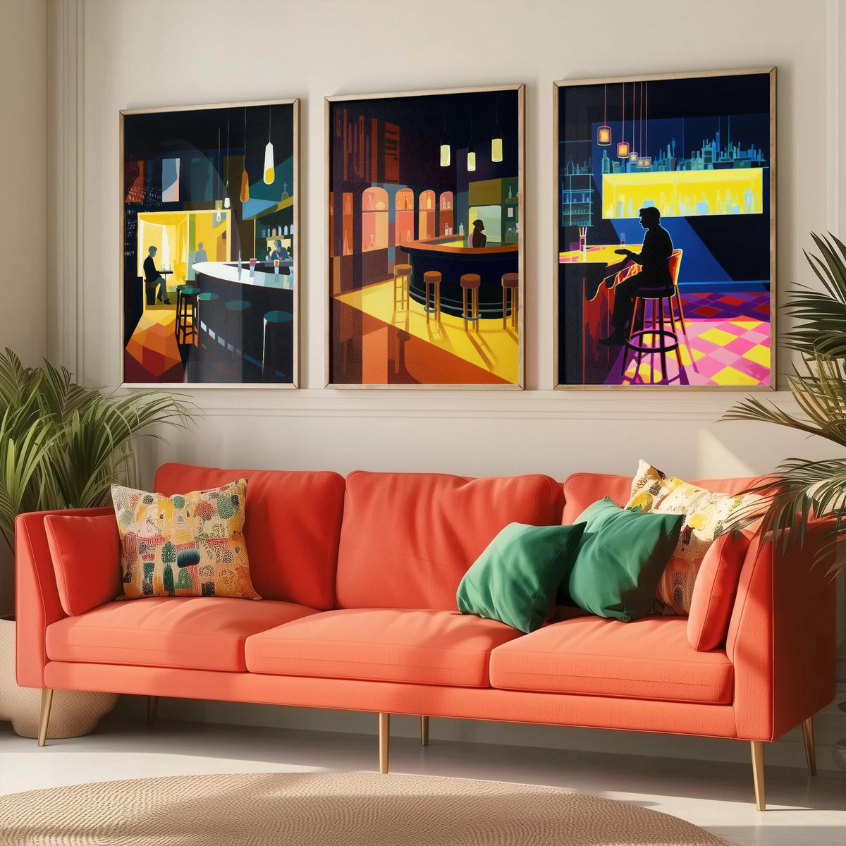 Sitting at the Bar Set of Three Art Prints - Moody Cocktail Bar Interiors - Retro Mid Century Poster Illustration