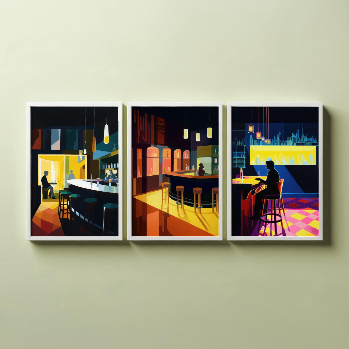 Sitting at the Bar Set of Three Art Prints - Moody Cocktail Bar Interiors - Retro Mid Century Poster Illustration