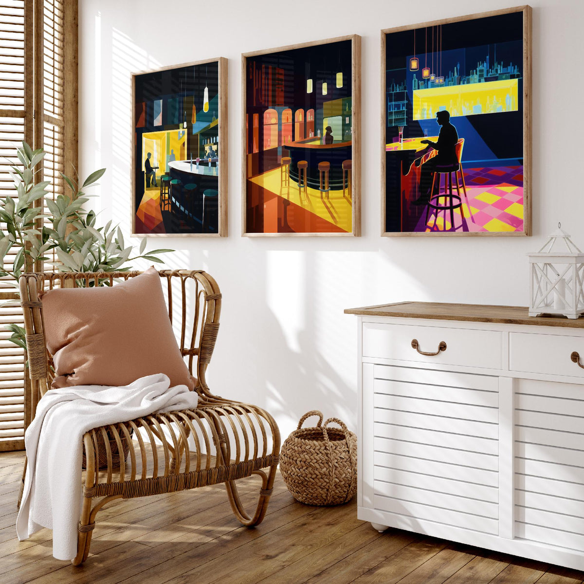 Sitting at the Bar Set of Three Art Prints - Moody Cocktail Bar Interiors - Retro Mid Century Poster Illustration
