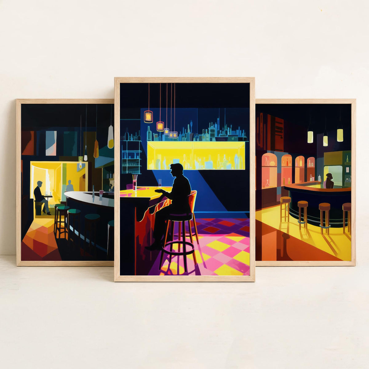 Sitting at the Bar Set of Three Art Prints - Moody Cocktail Bar Interiors - Retro Mid Century Poster Illustration