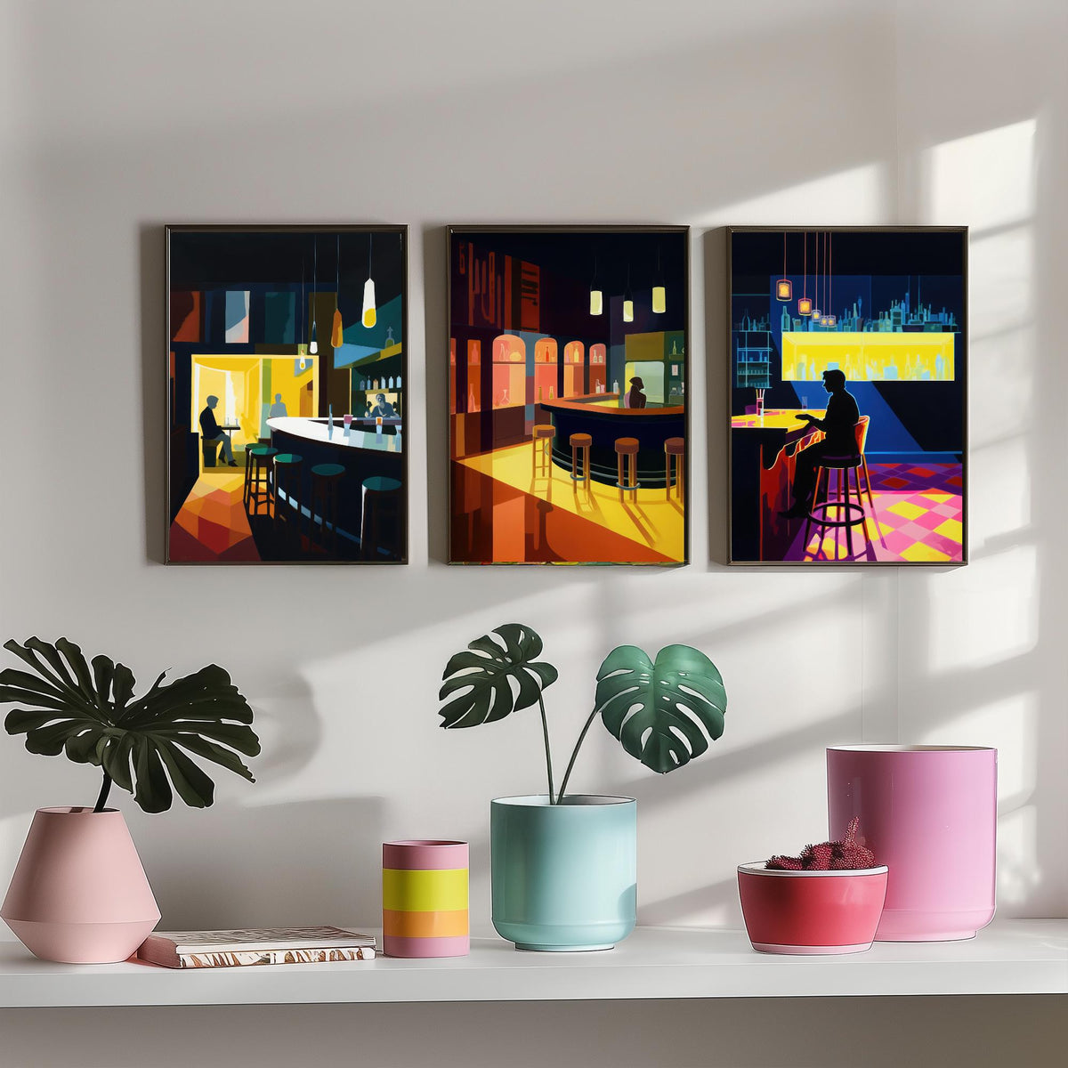 Sitting at the Bar Set of Three Art Prints - Moody Cocktail Bar Interiors - Retro Mid Century Poster Illustration