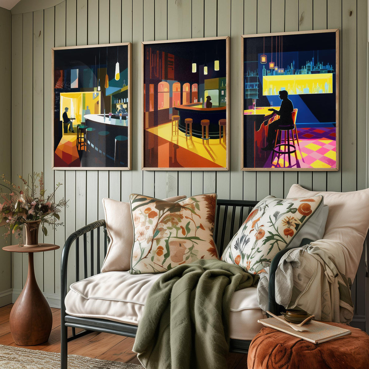 Sitting at the Bar Set of Three Art Prints - Moody Cocktail Bar Interiors - Retro Mid Century Poster Illustration