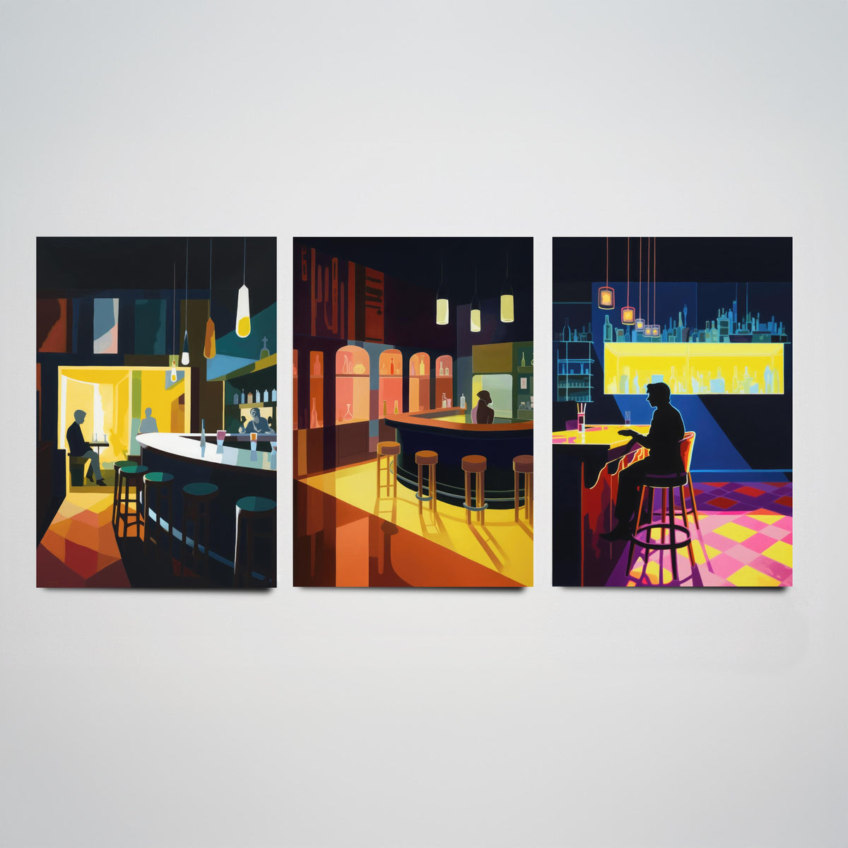 Sitting at the Bar Set of Three Art Prints - Moody Cocktail Bar Interiors - Retro Mid Century Poster Illustration