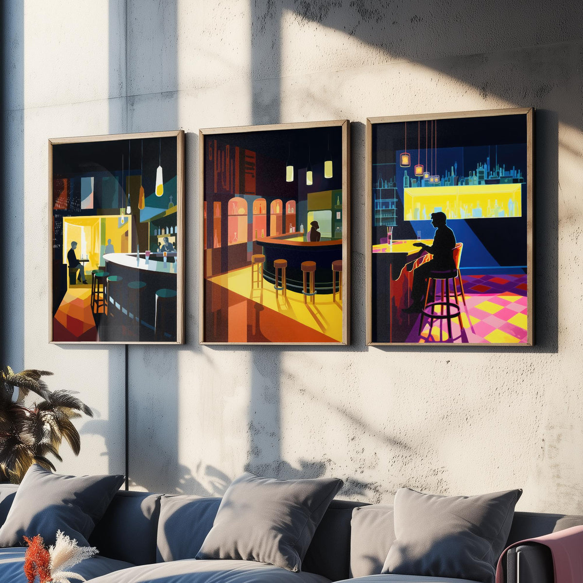 Sitting at the Bar Set of Three Art Prints - Moody Cocktail Bar Interiors - Retro Mid Century Poster Illustration