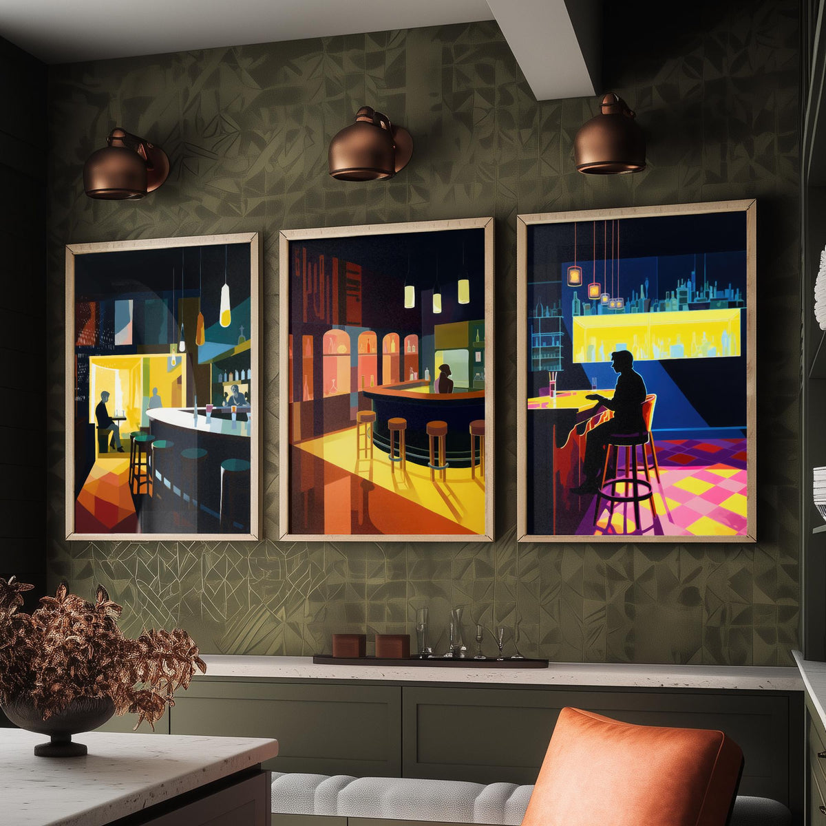 Sitting at the Bar Set of Three Art Prints - Moody Cocktail Bar Interiors - Retro Mid Century Poster Illustration