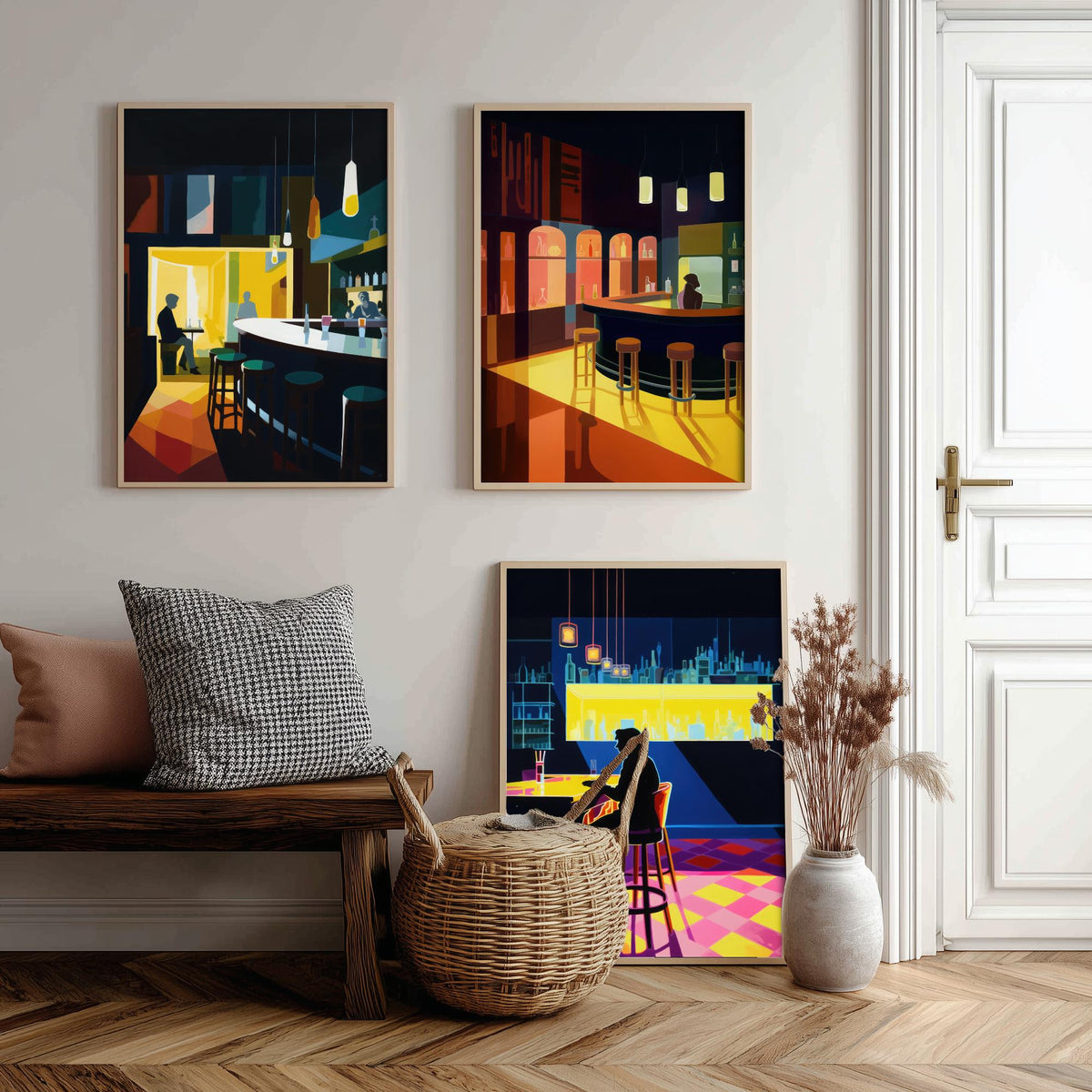 Sitting at the Bar Set of Three Art Prints - Moody Cocktail Bar Interiors - Retro Mid Century Poster Illustration