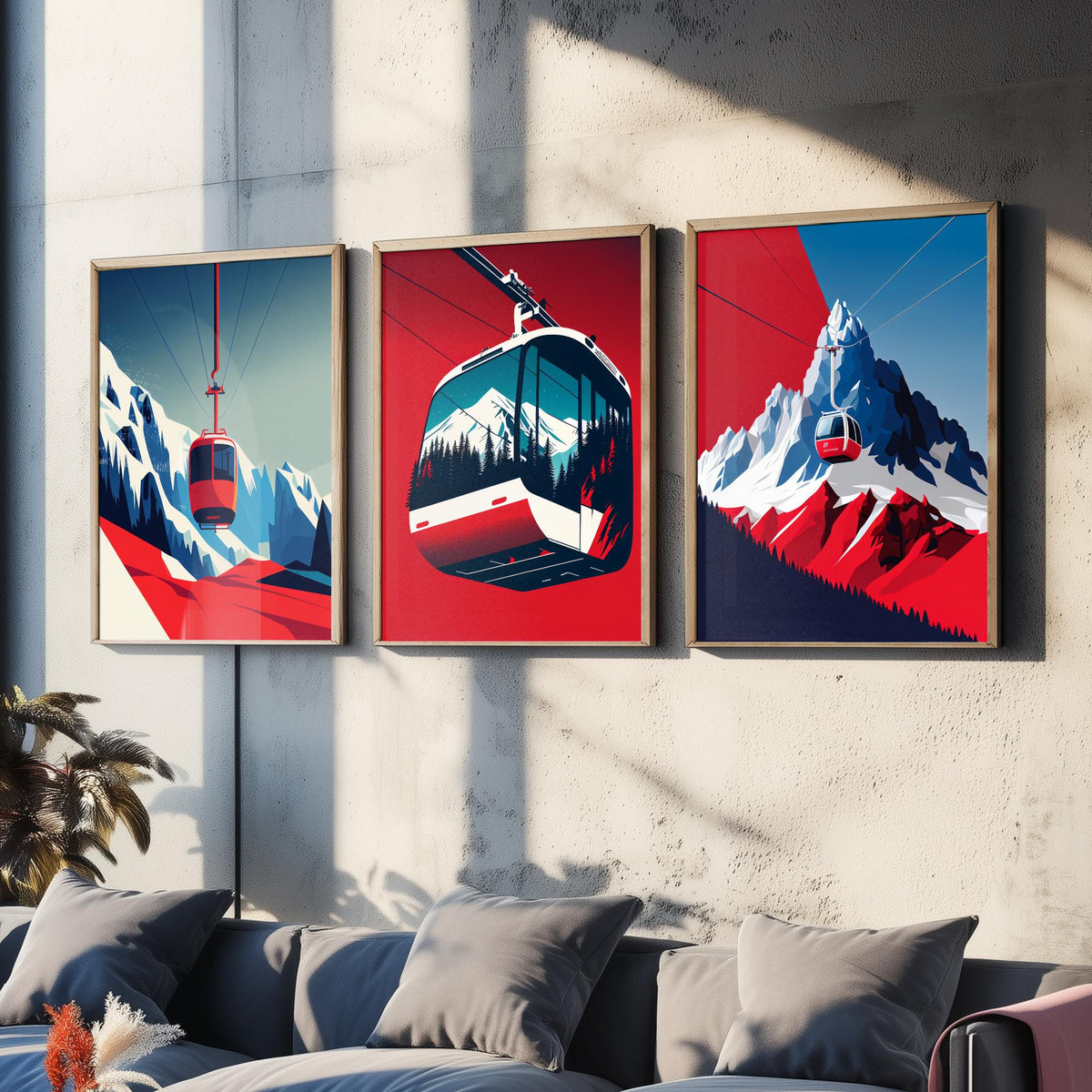 Ski Gondola Set of Three Art Prints - Cable Cars over Snowy Peaks - Retro Red and Blue Ski Poster Illustration