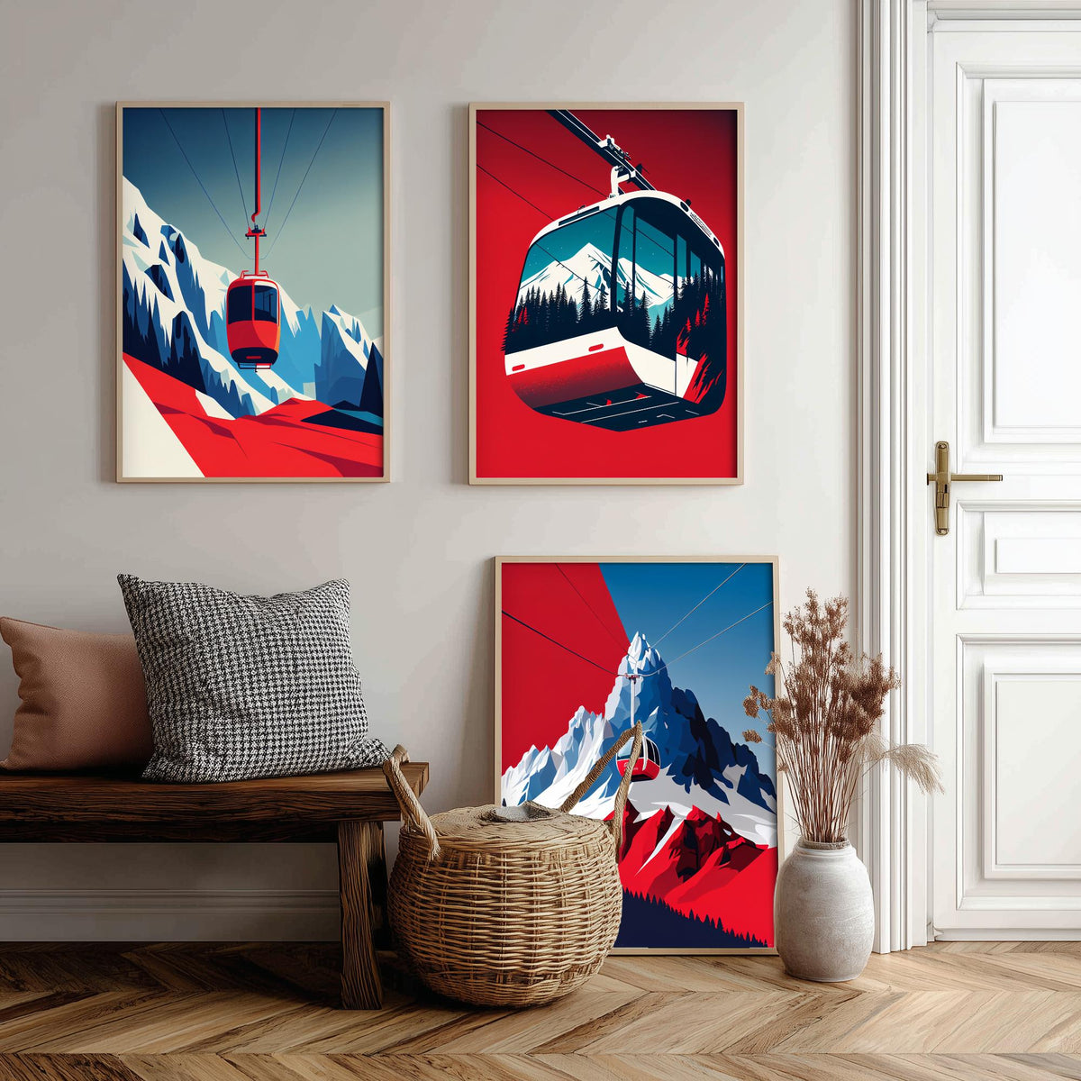 Ski Gondola Set of Three Art Prints - Cable Cars over Snowy Peaks - Retro Red and Blue Ski Poster Illustration