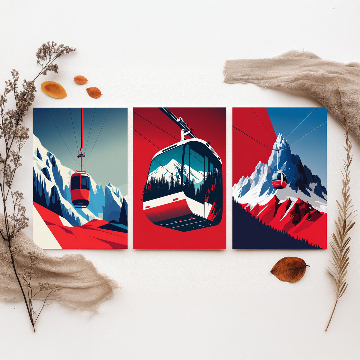 Ski Gondola Set of Three Art Prints - Cable Cars over Snowy Peaks - Retro Red and Blue Ski Poster Illustration