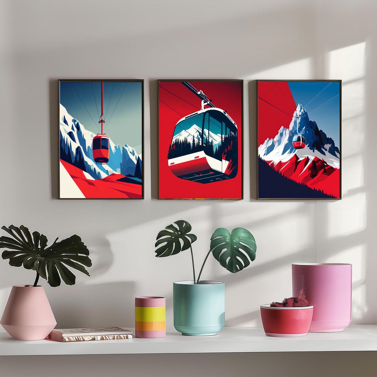 Ski Gondola Set of Three Art Prints - Cable Cars over Snowy Peaks - Retro Red and Blue Ski Poster Illustration