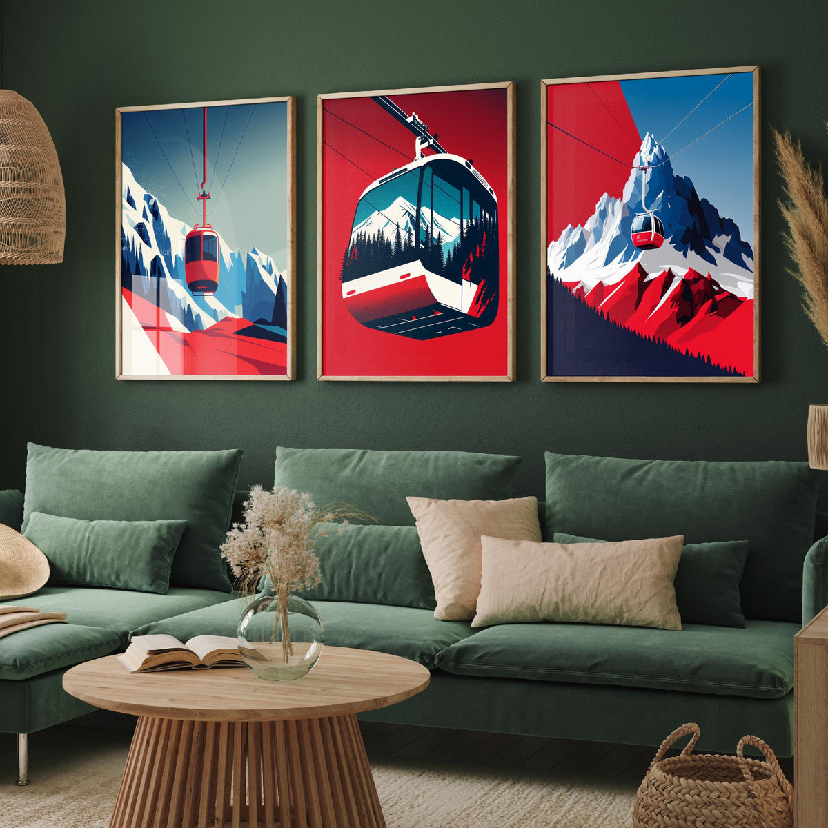 Ski Gondola Set of Three Art Prints - Cable Cars over Snowy Peaks - Retro Red and Blue Ski Poster Illustration