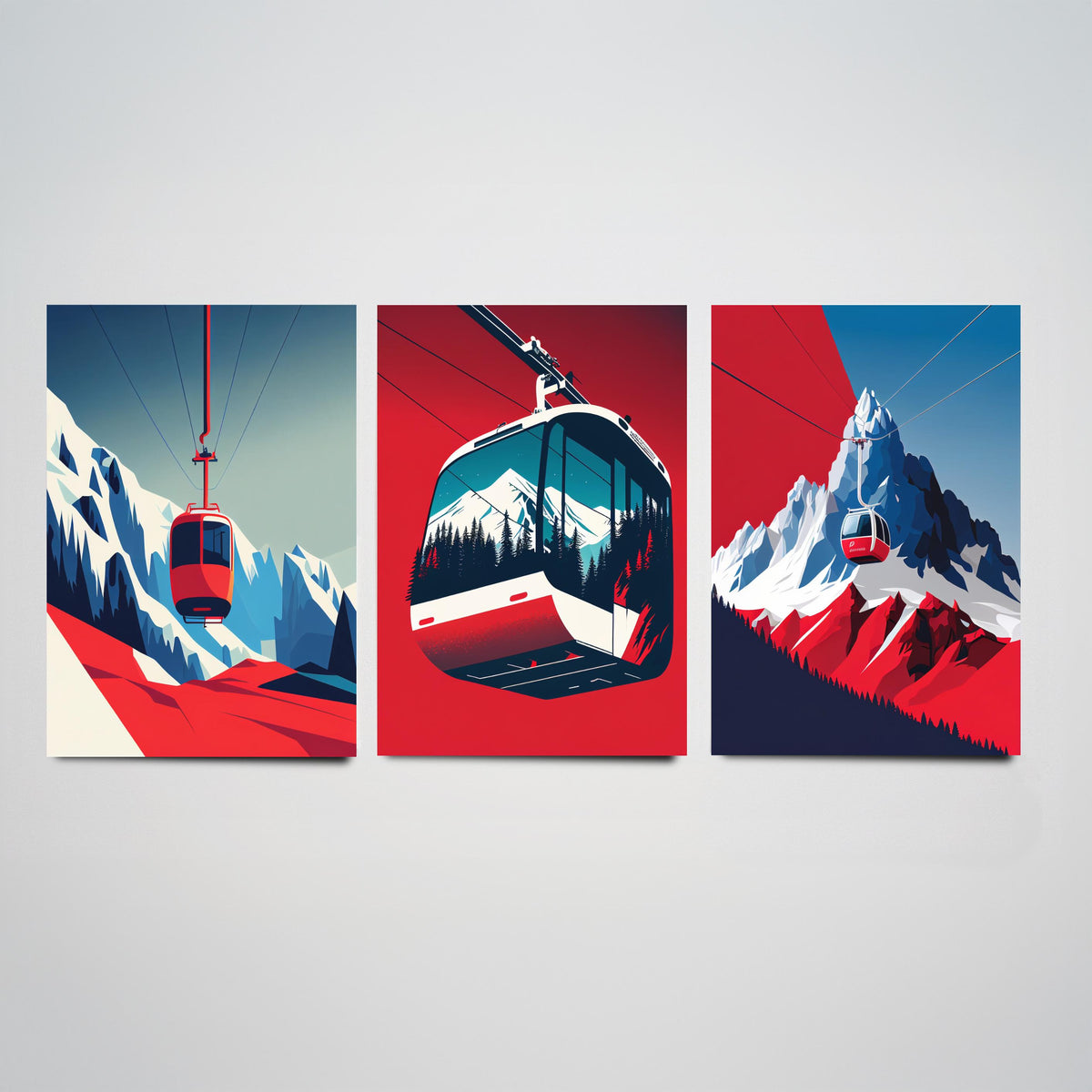 Ski Gondola Set of Three Art Prints - Cable Cars over Snowy Peaks - Retro Red and Blue Ski Poster Illustration