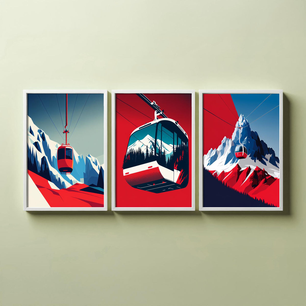Ski Gondola Set of Three Art Prints - Cable Cars over Snowy Peaks - Retro Red and Blue Ski Poster Illustration