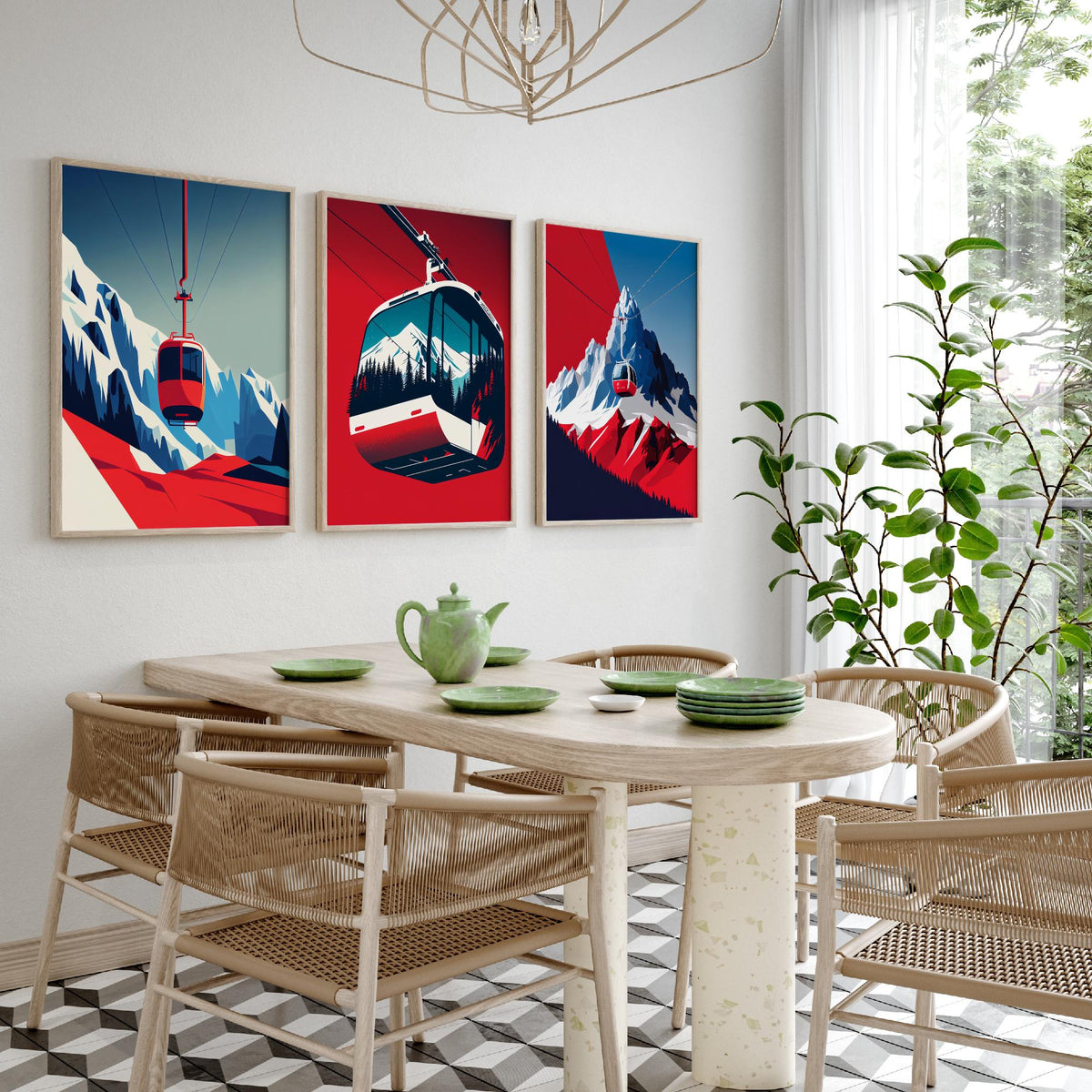 Ski Gondola Set of Three Art Prints - Cable Cars over Snowy Peaks - Retro Red and Blue Ski Poster Illustration