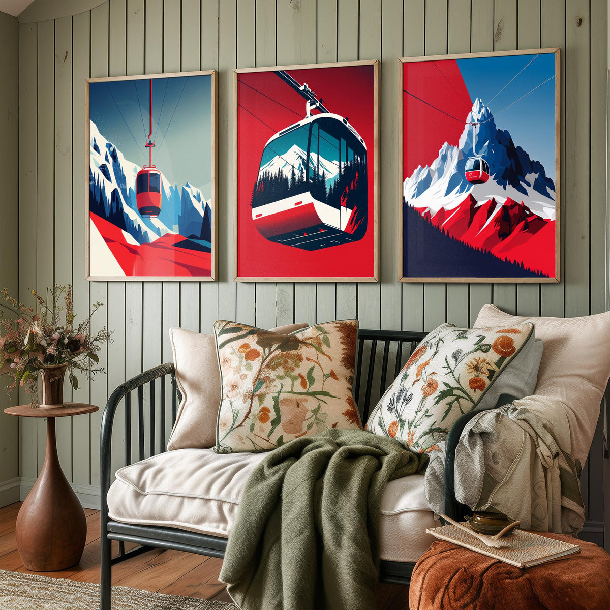 Ski Gondola Set of Three Art Prints - Cable Cars over Snowy Peaks - Retro Red and Blue Ski Poster Illustration