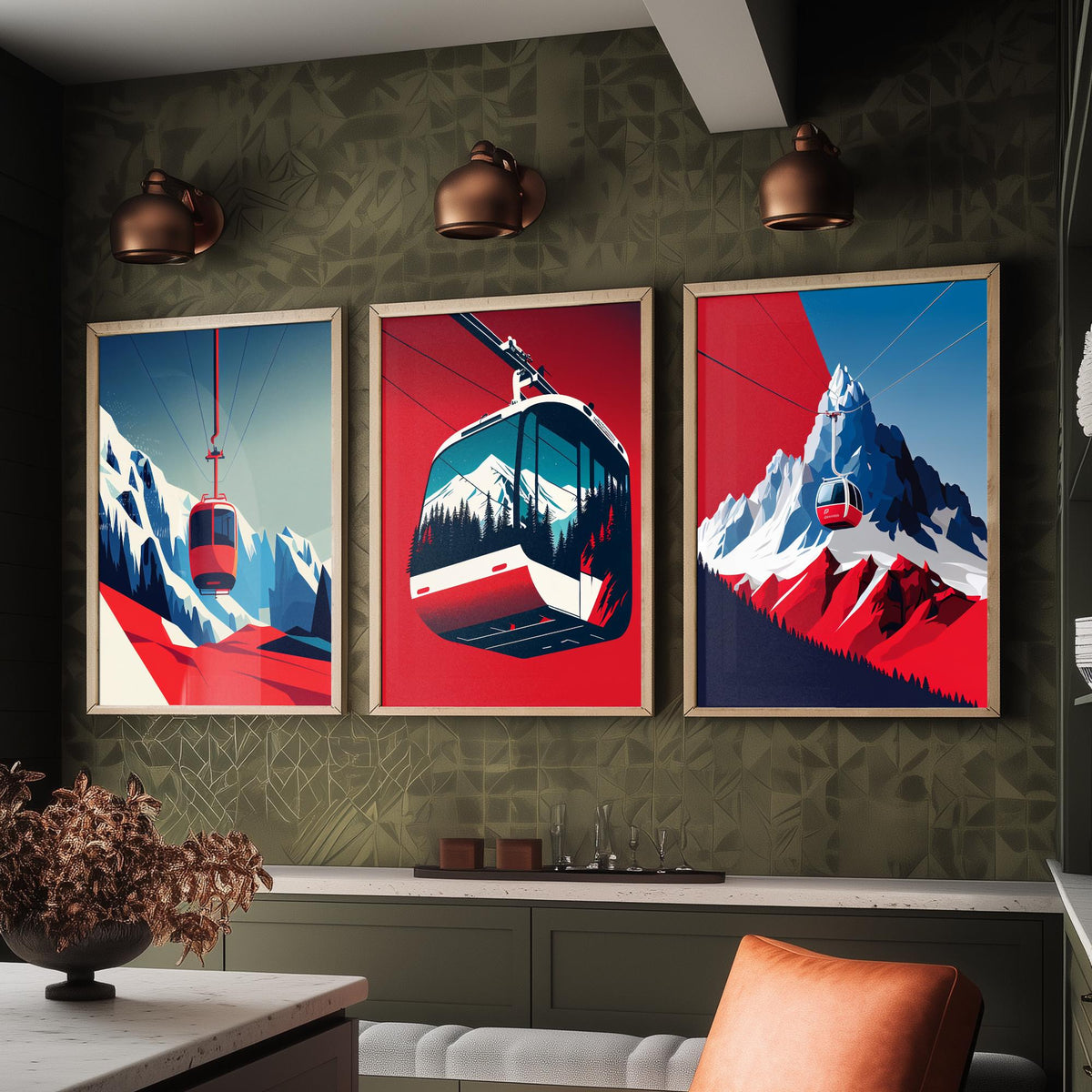Ski Gondola Set of Three Art Prints - Cable Cars over Snowy Peaks - Retro Red and Blue Ski Poster Illustration