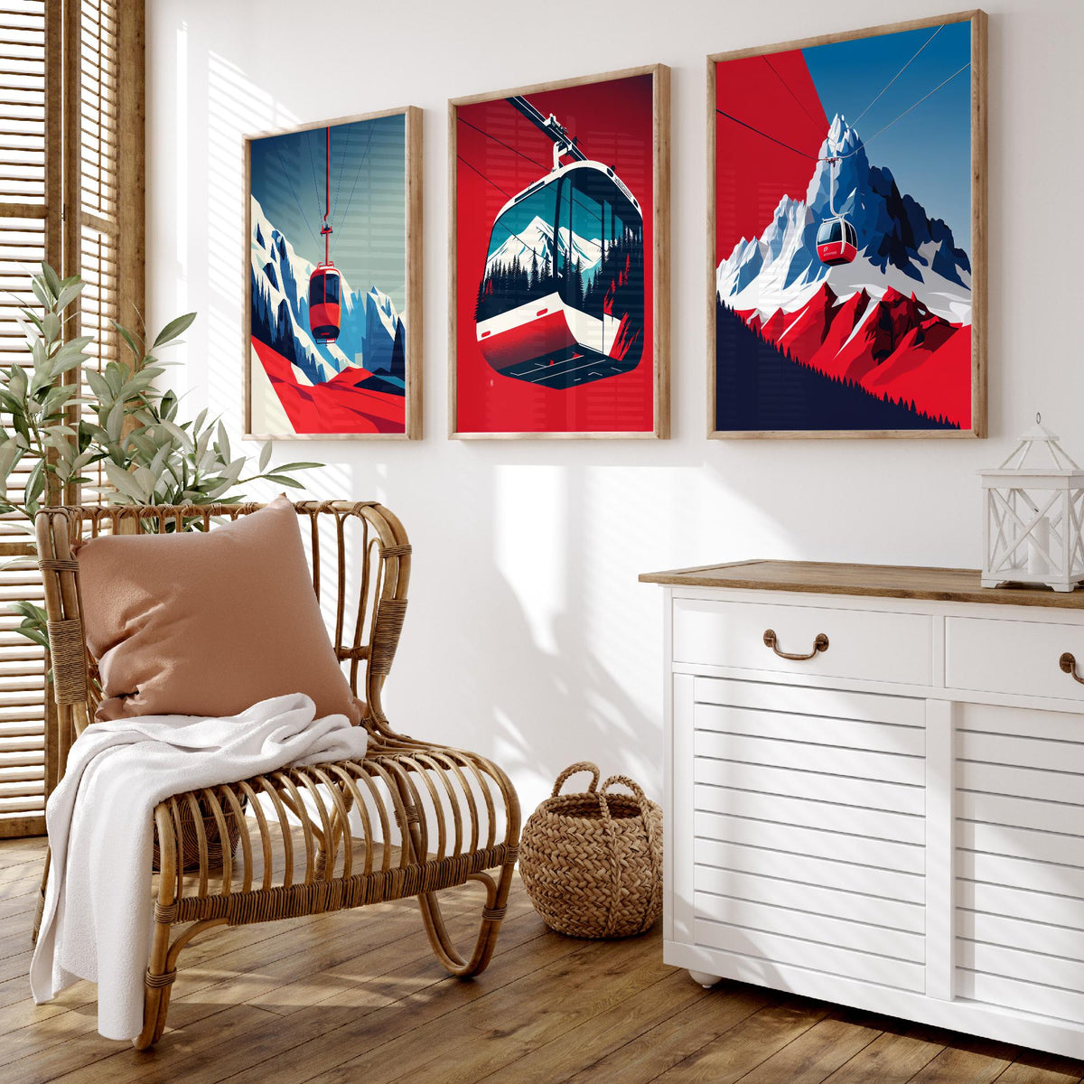 Ski Gondola Set of Three Art Prints - Cable Cars over Snowy Peaks - Retro Red and Blue Ski Poster Illustration