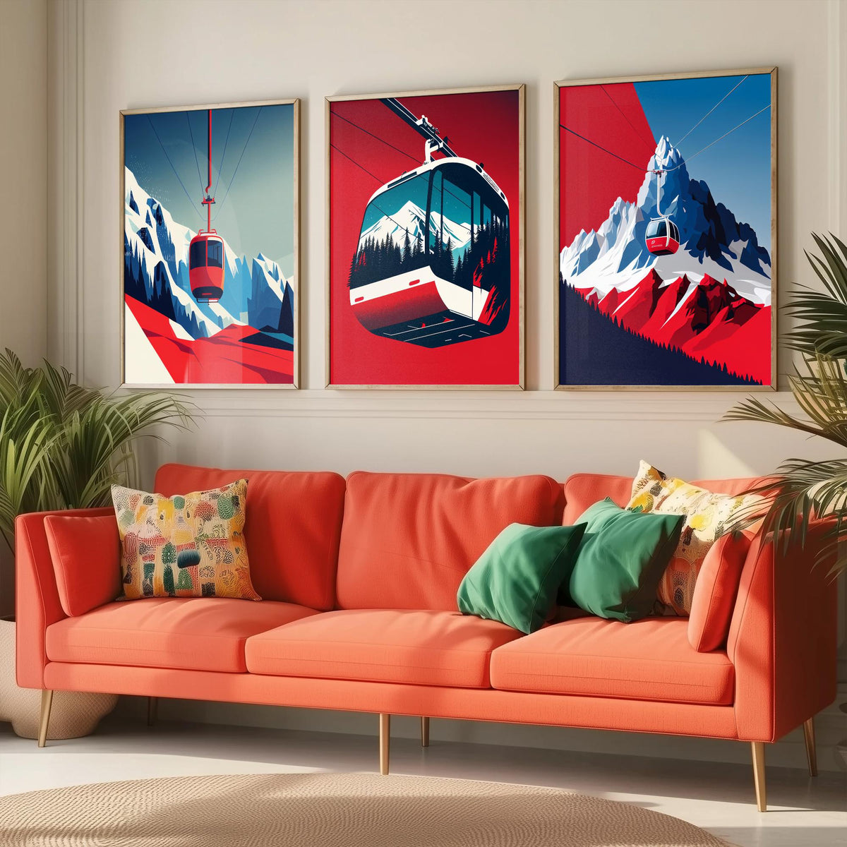 Ski Gondola Set of Three Art Prints - Cable Cars over Snowy Peaks - Retro Red and Blue Ski Poster Illustration
