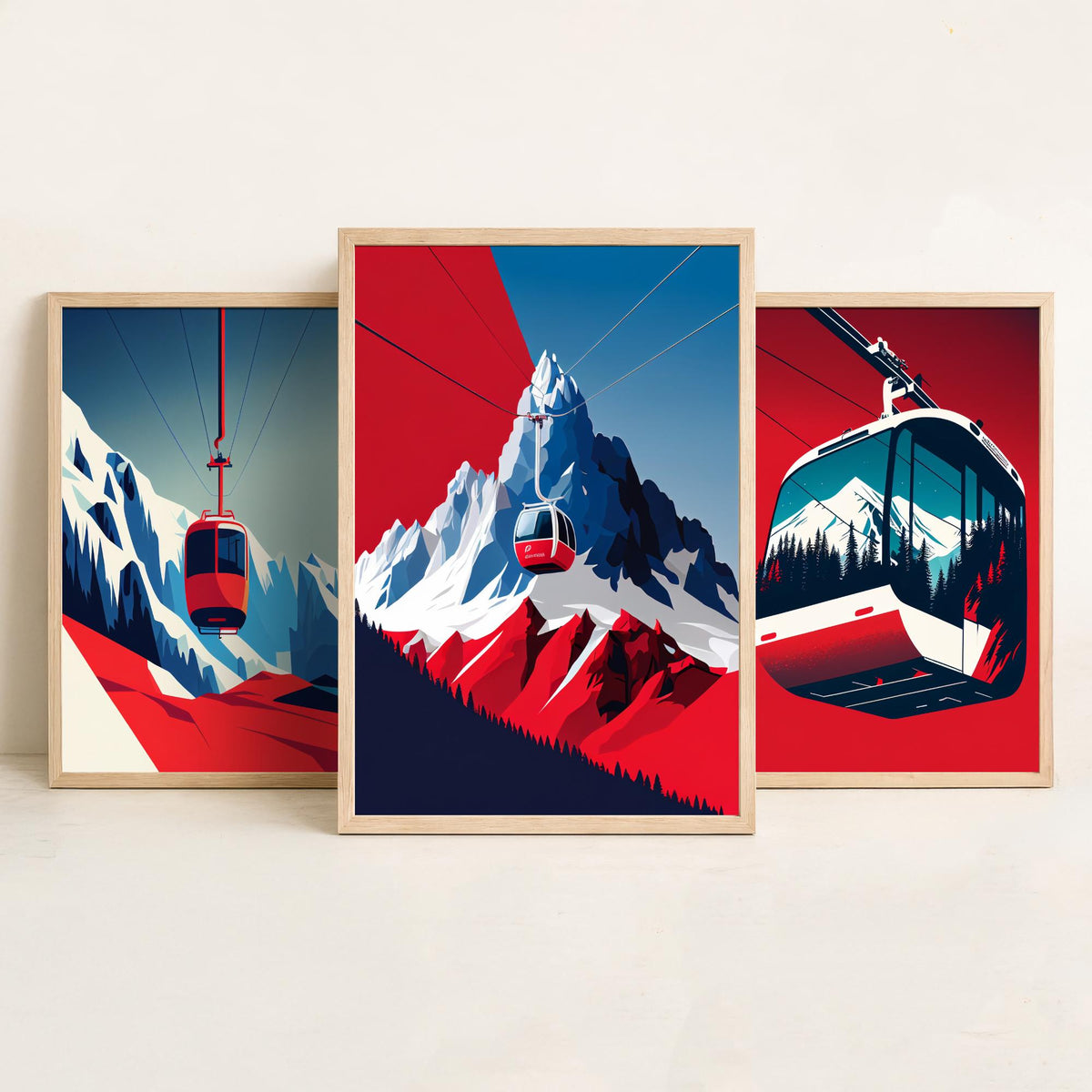 Ski Gondola Set of Three Art Prints - Cable Cars over Snowy Peaks - Retro Red and Blue Ski Poster Illustration