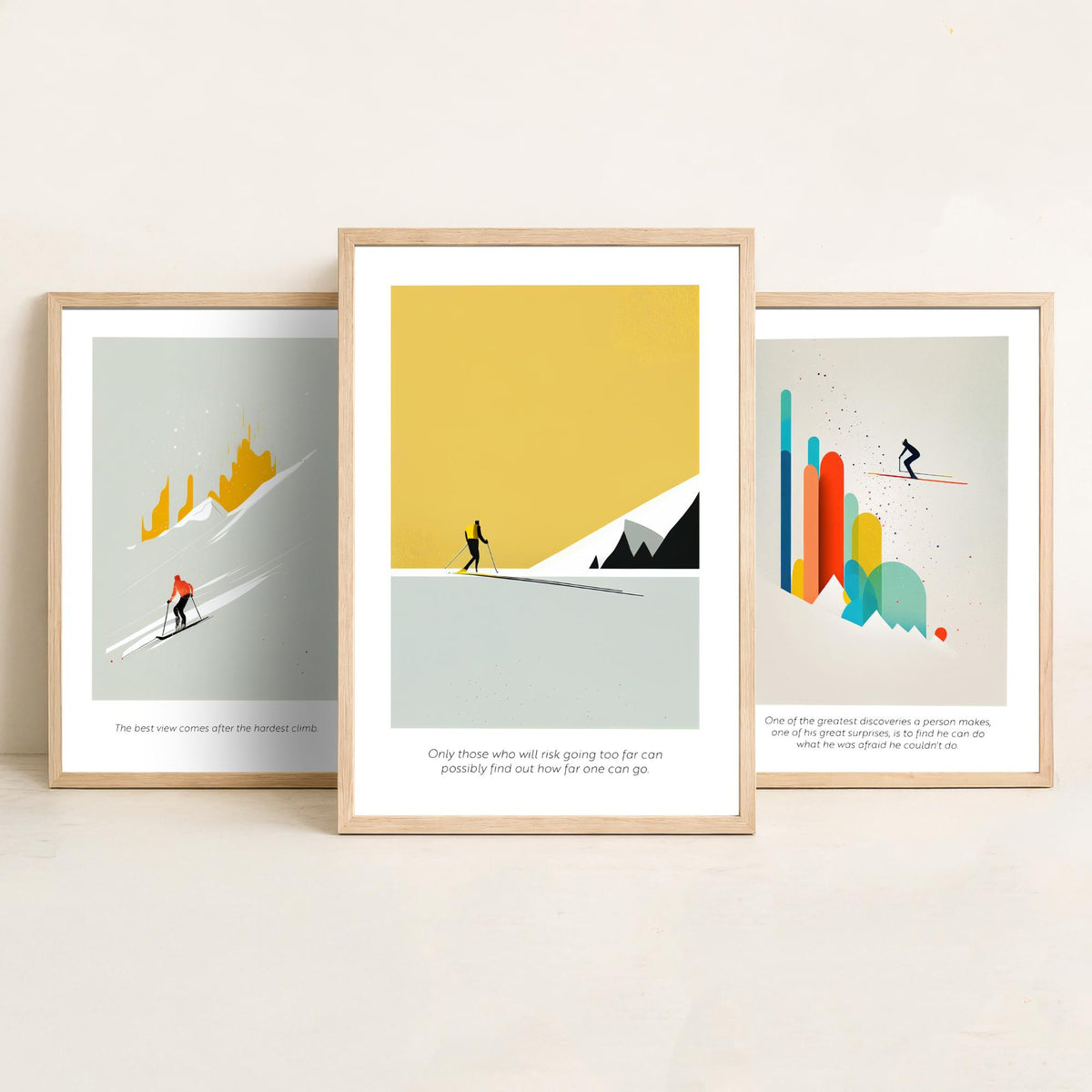 Abstract Skiing Quotes Set of Three Art Prints - Minimalist Skiers in Mustard and Grey - Gallery Poster Illustration V1