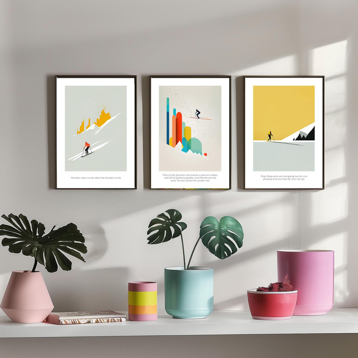 Abstract Skiing Quotes Set of Three Art Prints - Minimalist Skiers in Mustard and Grey - Gallery Poster Illustration V1