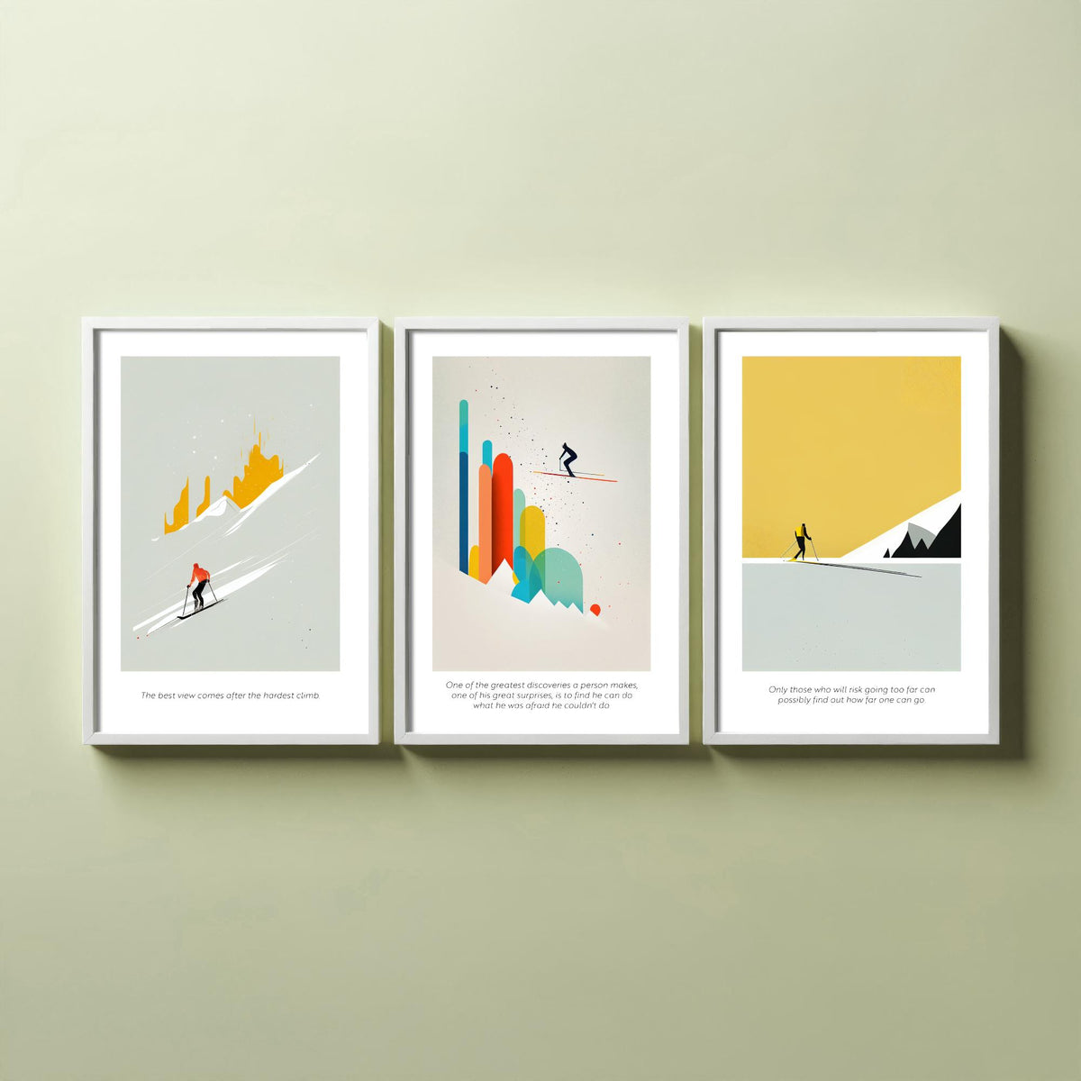 Abstract Skiing Quotes Set of Three Art Prints - Minimalist Skiers in Mustard and Grey - Gallery Poster Illustration V1