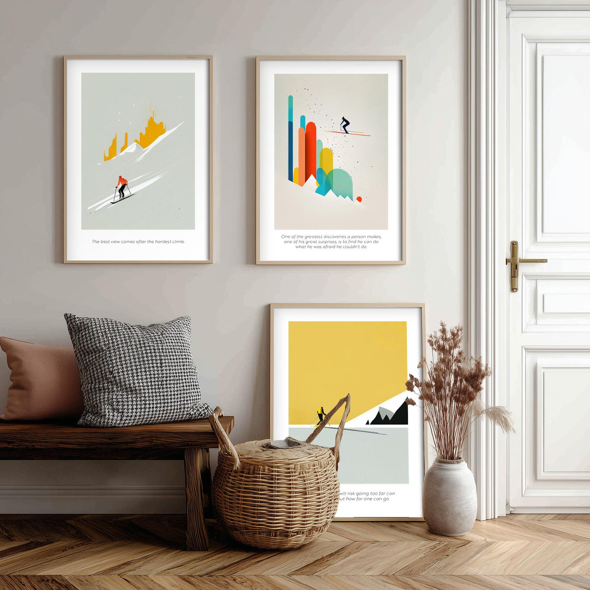 Abstract Skiing Quotes Set of Three Art Prints - Minimalist Skiers in Mustard and Grey - Gallery Poster Illustration V1