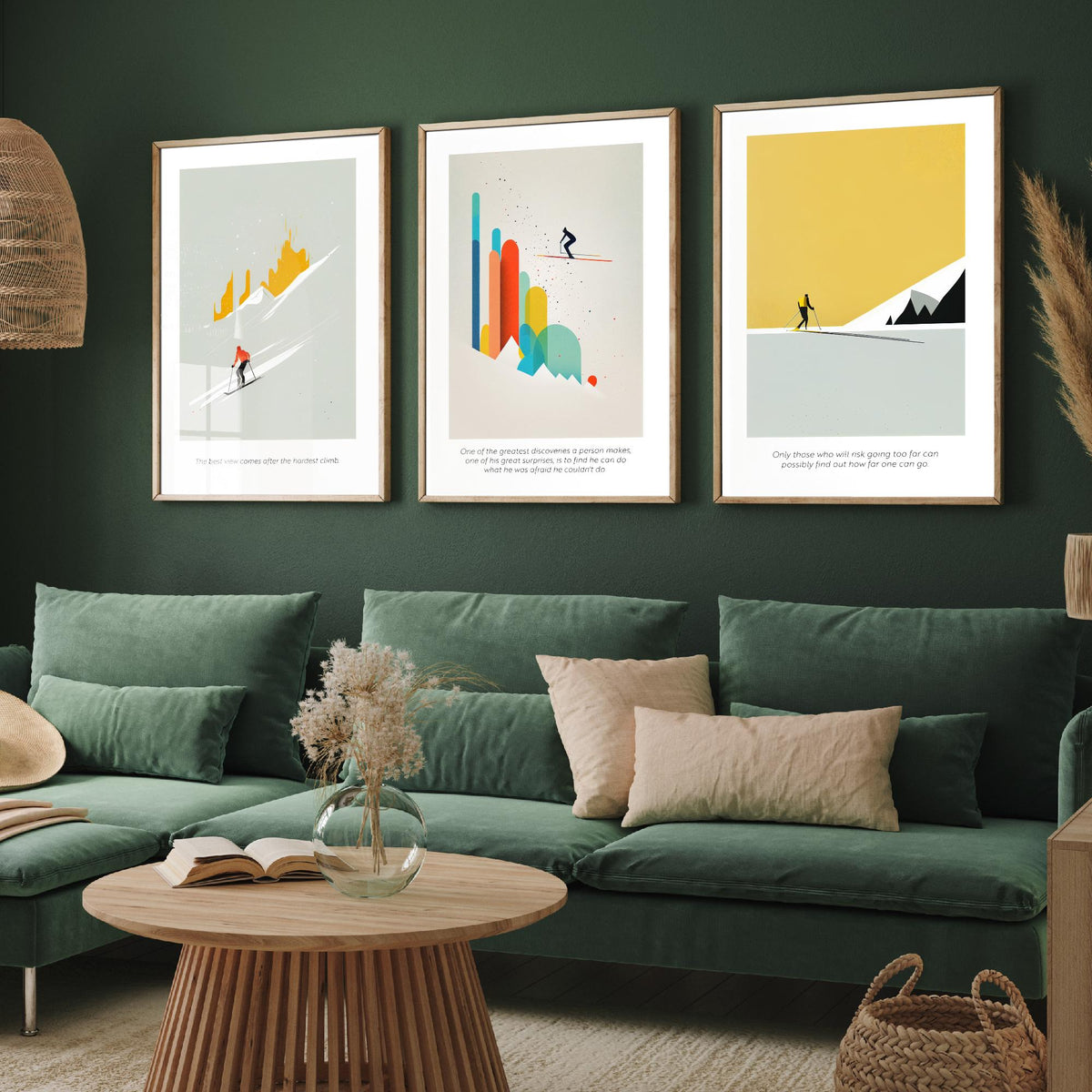 Abstract Skiing Quotes Set of Three Art Prints - Minimalist Skiers in Mustard and Grey - Gallery Poster Illustration V1