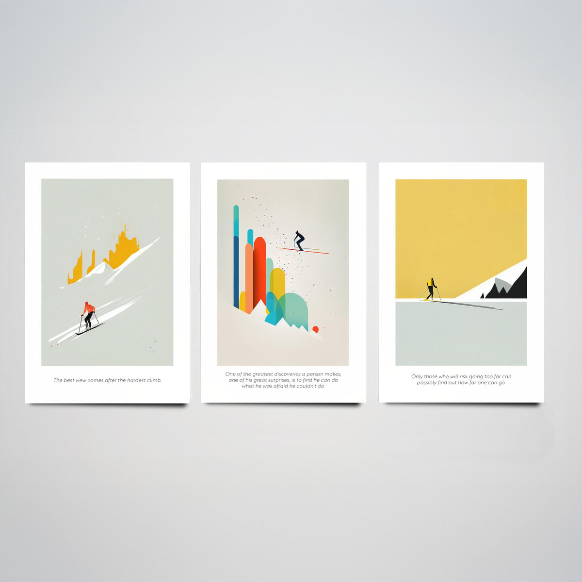 Abstract Skiing Quotes Set of Three Art Prints - Minimalist Skiers in Mustard and Grey - Gallery Poster Illustration V1