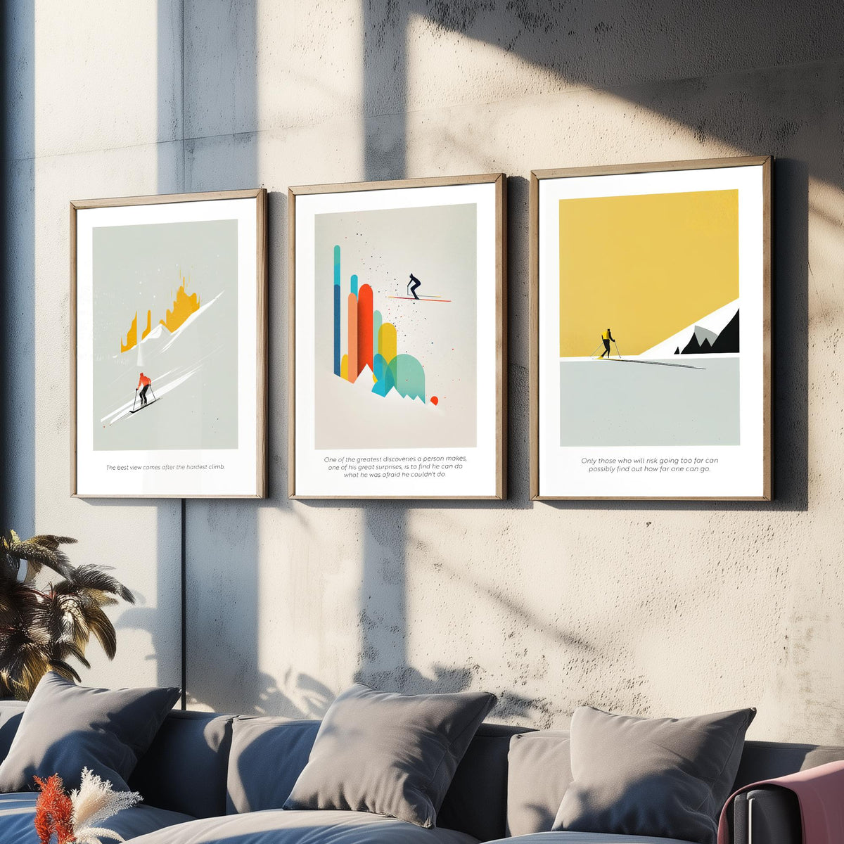 Abstract Skiing Quotes Set of Three Art Prints - Minimalist Skiers in Mustard and Grey - Gallery Poster Illustration V1