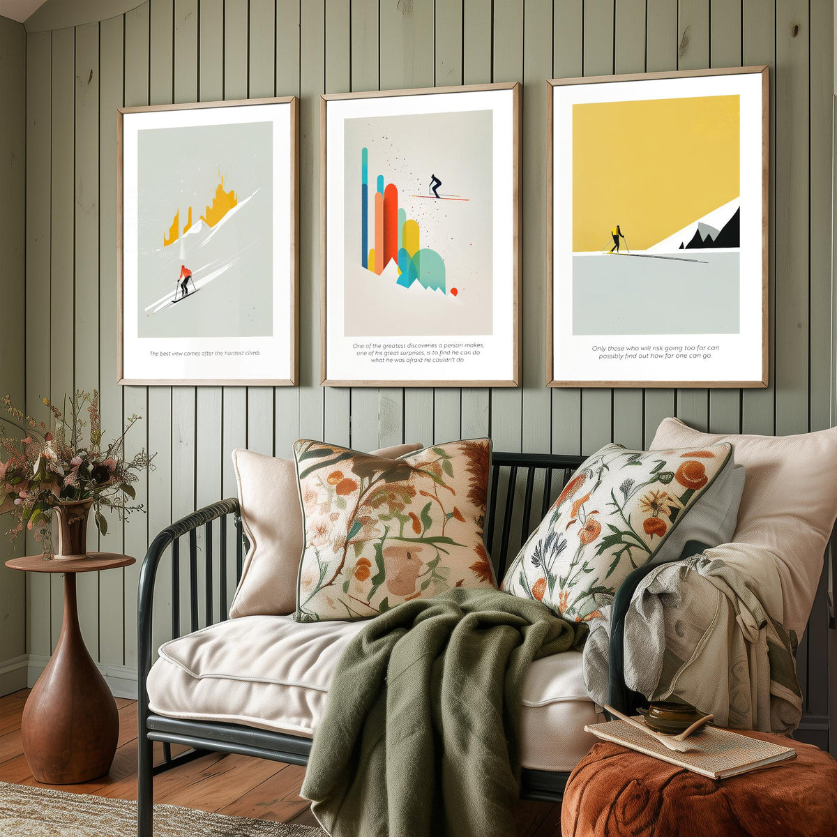 Abstract Skiing Quotes Set of Three Art Prints - Minimalist Skiers in Mustard and Grey - Gallery Poster Illustration V1