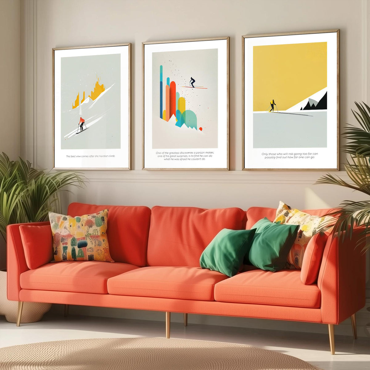 Abstract Skiing Quotes Set of Three Art Prints - Minimalist Skiers in Mustard and Grey - Gallery Poster Illustration V1
