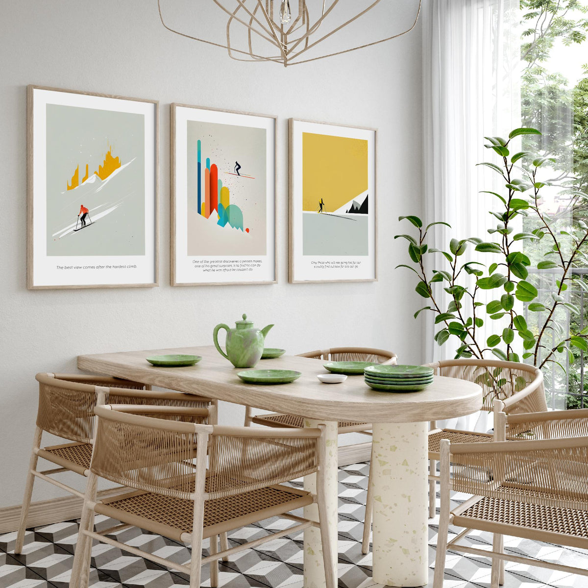 Abstract Skiing Quotes Set of Three Art Prints - Minimalist Skiers in Mustard and Grey - Gallery Poster Illustration V1