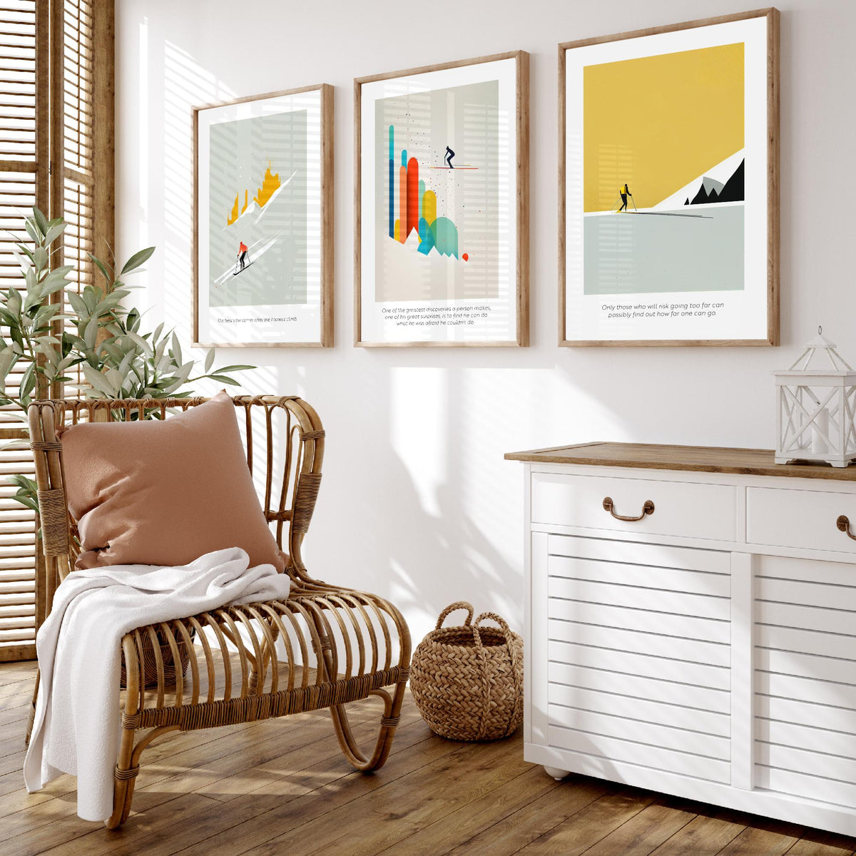 Abstract Skiing Quotes Set of Three Art Prints - Minimalist Skiers in Mustard and Grey - Gallery Poster Illustration V1