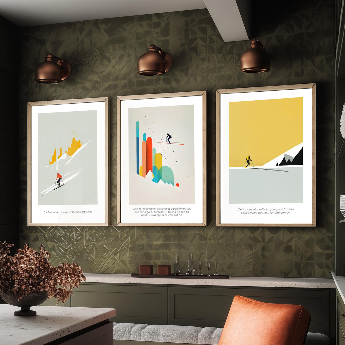 Abstract Skiing Quotes Set of Three Art Prints - Minimalist Skiers in Mustard and Grey - Gallery Poster Illustration V1