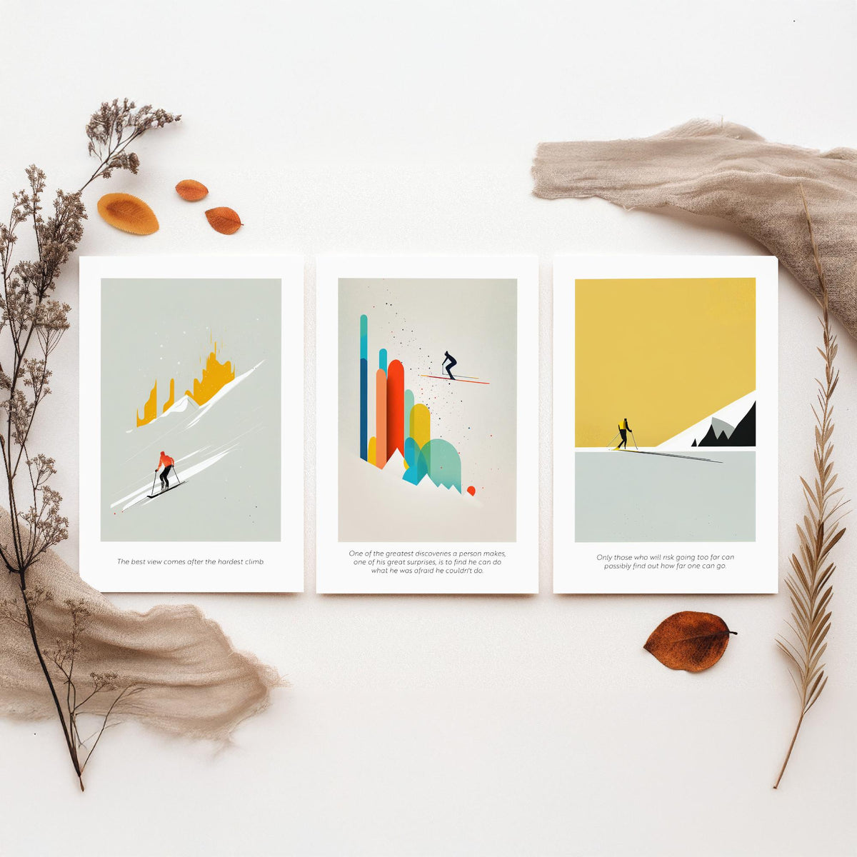 Abstract Skiing Quotes Set of Three Art Prints - Minimalist Skiers in Mustard and Grey - Gallery Poster Illustration V1