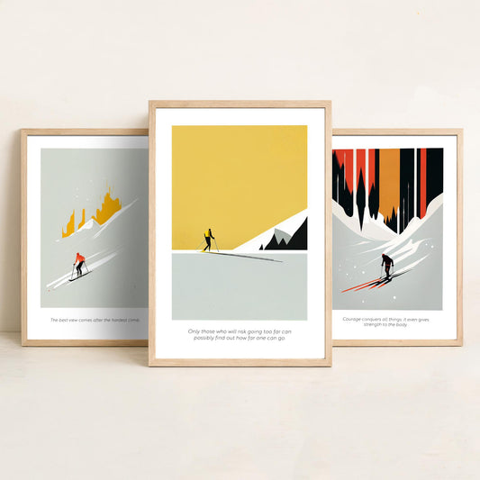 Abstract Skiing Quotes Set of Three Art Prints - Minimalist Skiers in Mustard and Black - Gallery Poster Illustration V2