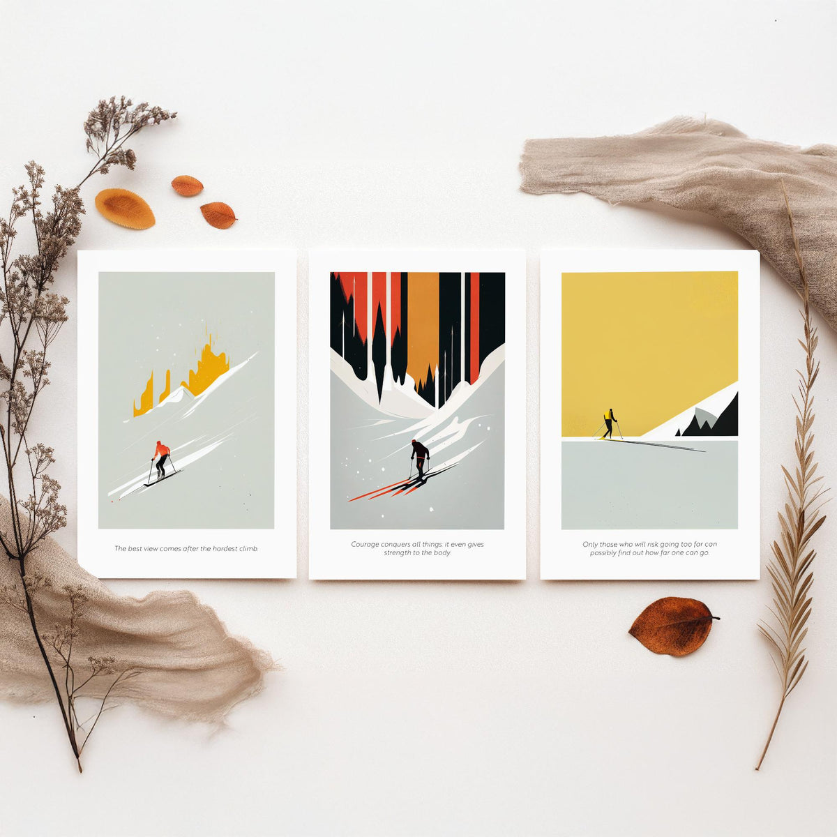 Abstract Skiing Quotes Set of Three Art Prints - Minimalist Skiers in Mustard and Black - Gallery Poster Illustration V2