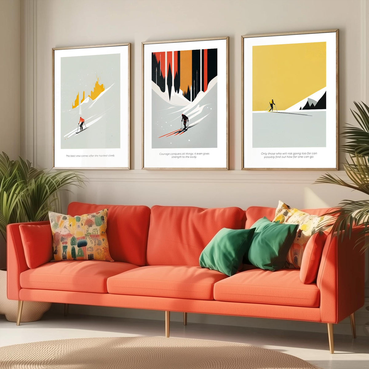 Abstract Skiing Quotes Set of Three Art Prints - Minimalist Skiers in Mustard and Black - Gallery Poster Illustration V2