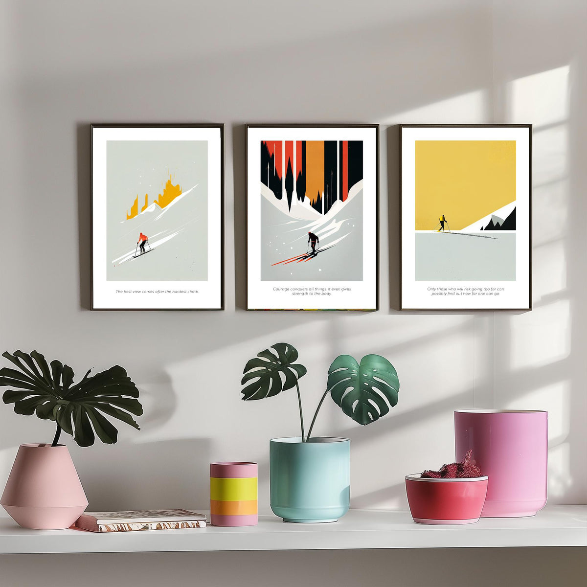 Abstract Skiing Quotes Set of Three Art Prints - Minimalist Skiers in Mustard and Black - Gallery Poster Illustration V2