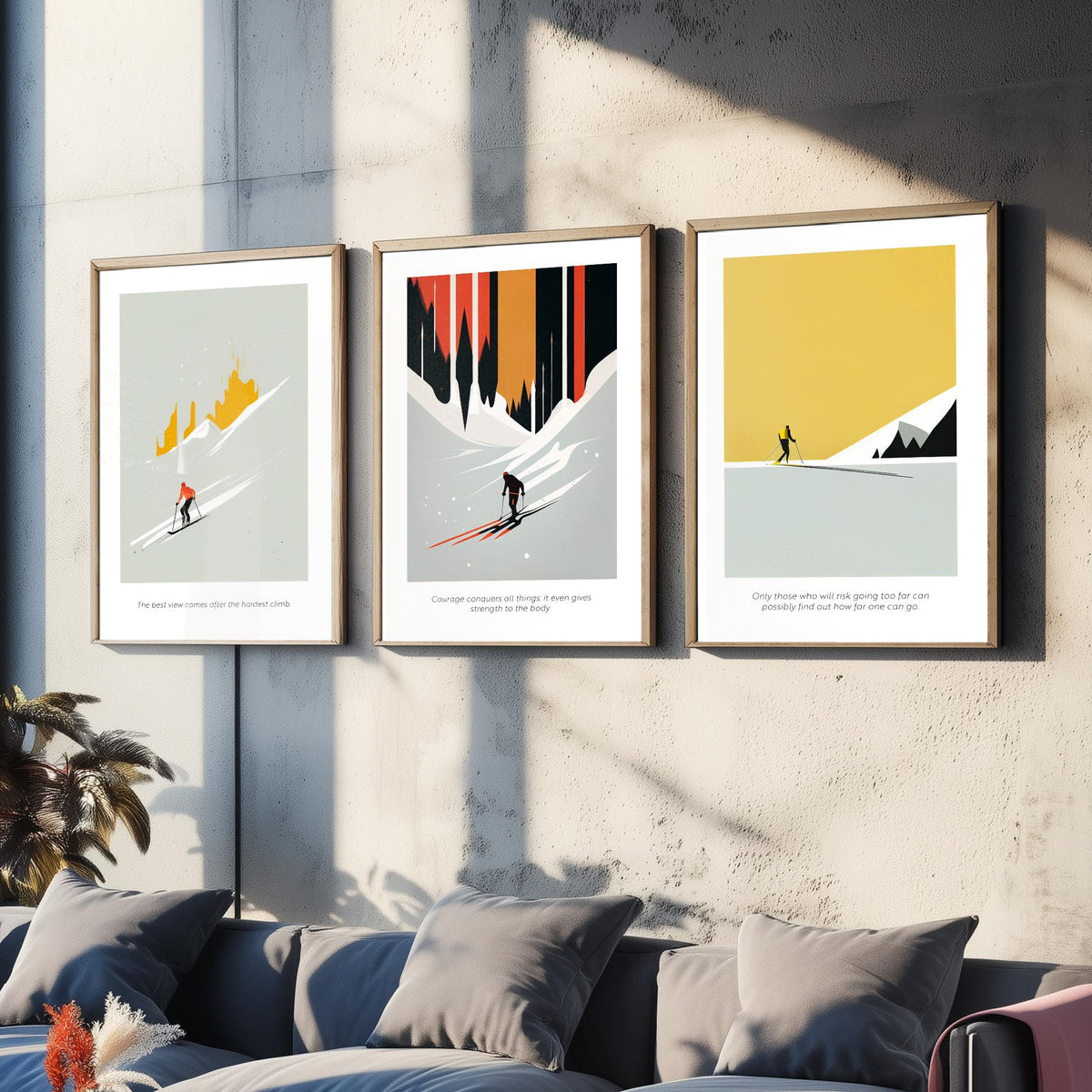 Abstract Skiing Quotes Set of Three Art Prints - Minimalist Skiers in Mustard and Black - Gallery Poster Illustration V2