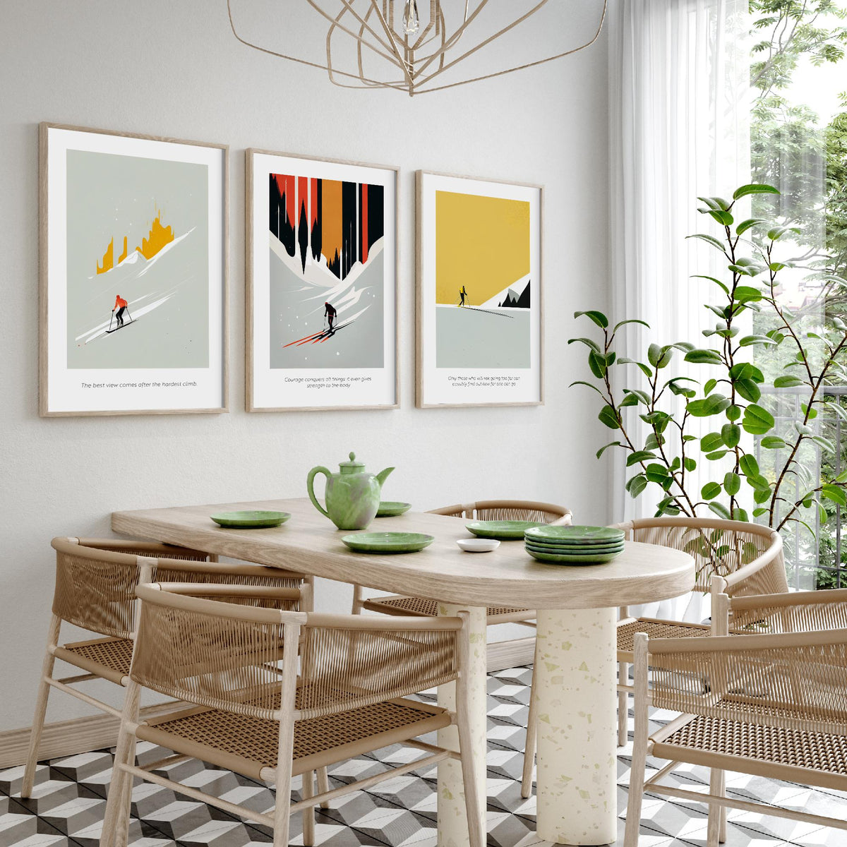 Abstract Skiing Quotes Set of Three Art Prints - Minimalist Skiers in Mustard and Black - Gallery Poster Illustration V2