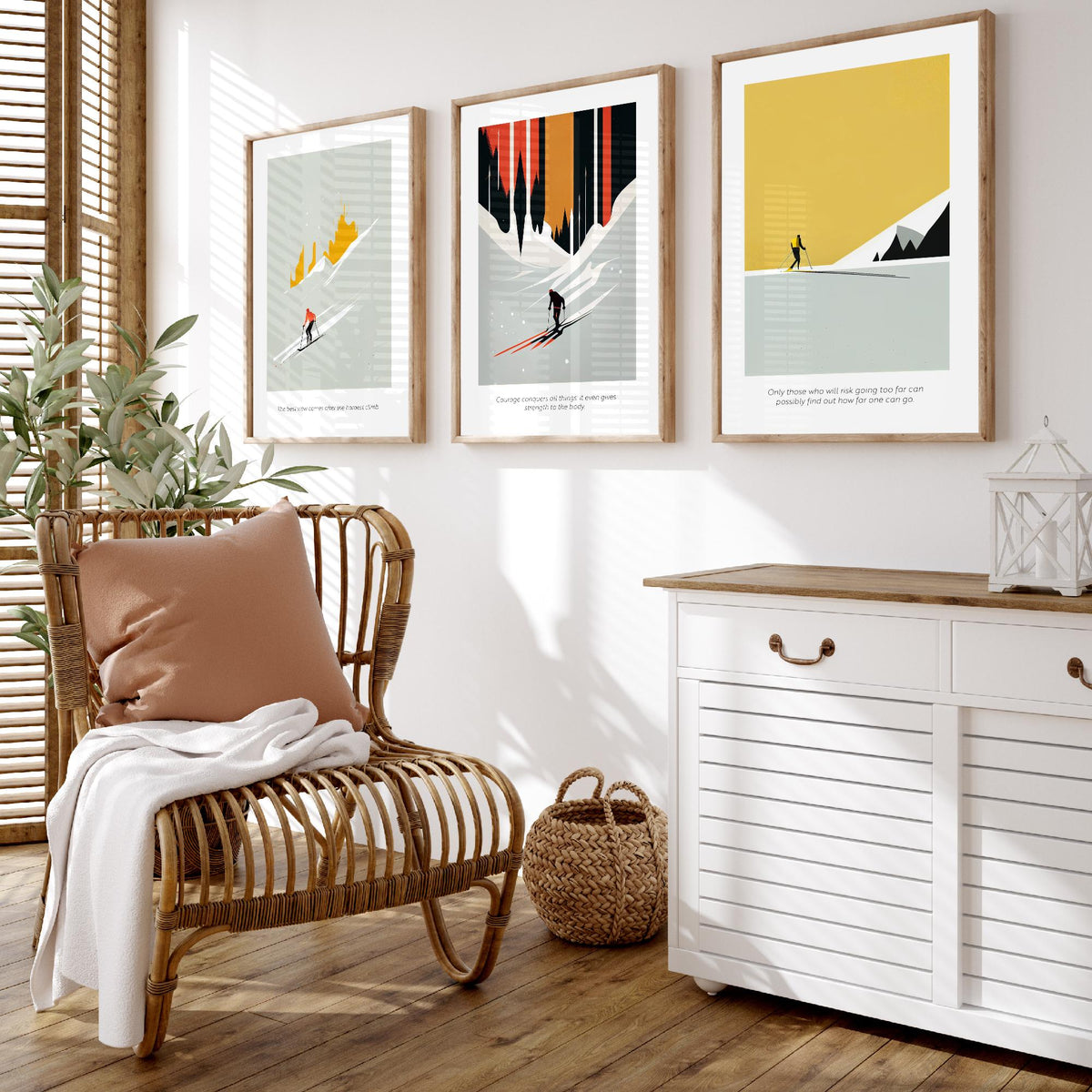 Abstract Skiing Quotes Set of Three Art Prints - Minimalist Skiers in Mustard and Black - Gallery Poster Illustration V2