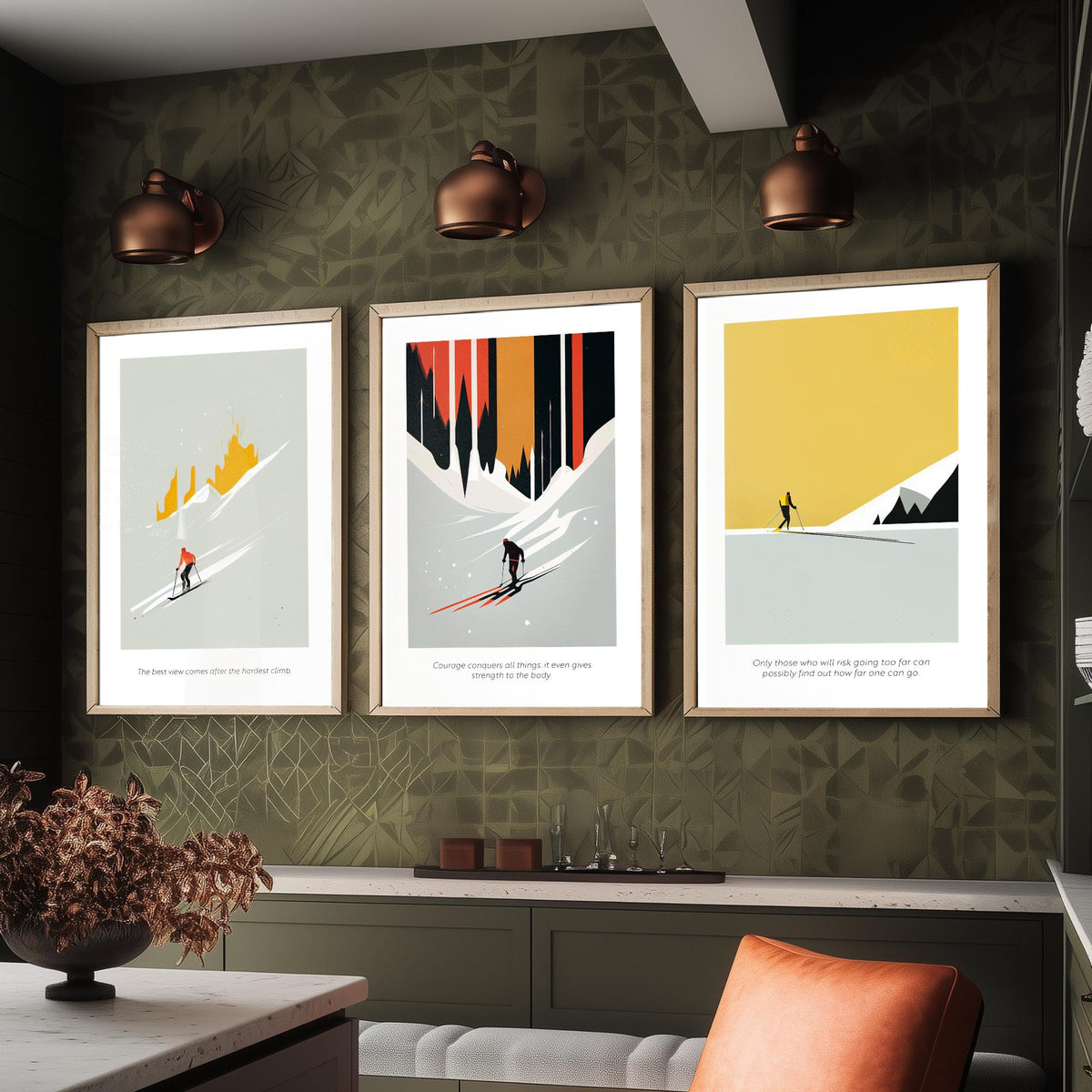 Abstract Skiing Quotes Set of Three Art Prints - Minimalist Skiers in Mustard and Black - Gallery Poster Illustration V2